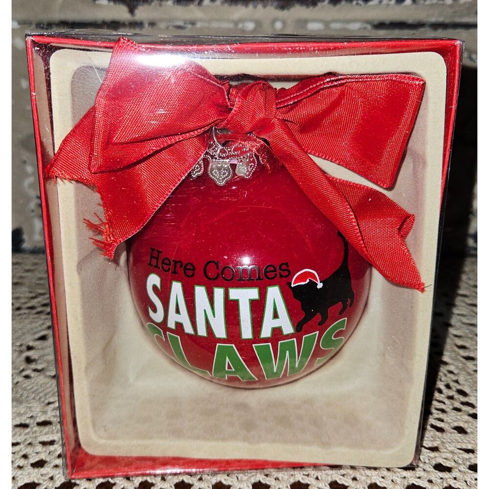 NIB Red Christmas Tree Bulb Cat Lover Ornament "Santa Claws"